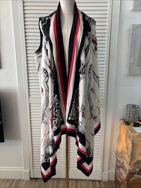 DKNY Black, White & Pink Sleeveless  silk Drape Scarf Vest, M-L
